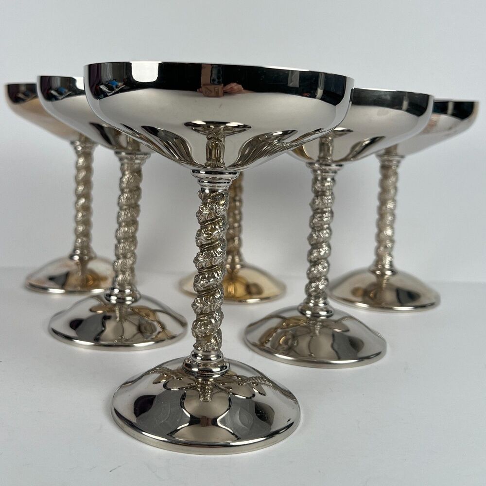 Vtg Roma SL Madrid Spain EP SS Silver Plate Champagne Coupe Set 6 Grape Stem - Picture 2 of 15